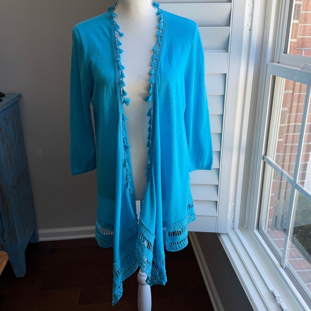 CHICO'S Blue Linen Blend Tassel Trim Open Front Cardigan Boho Sweater Size 1 - Picture 2 of 12